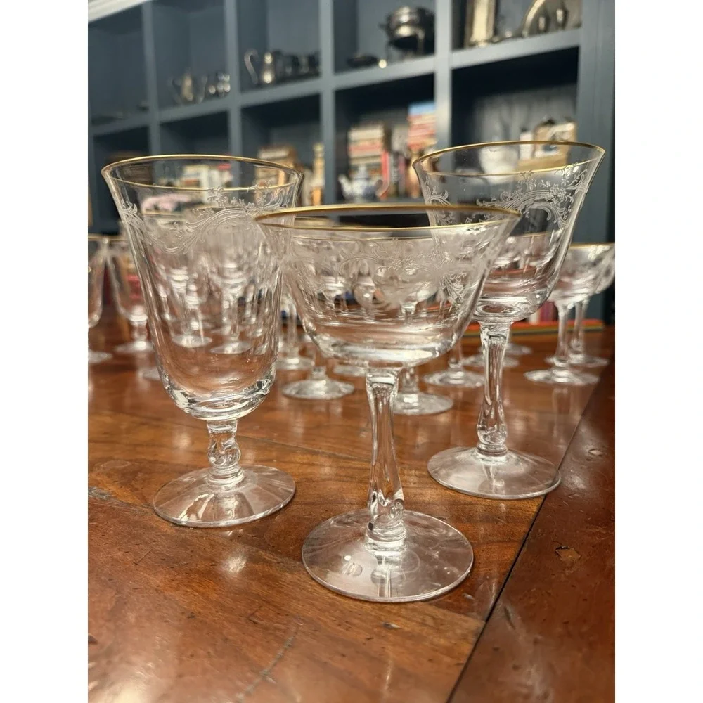 Golden Lace by Fostoria Set of 28 Iced Tea, Water, Wine, Champagne Etched w/Gold